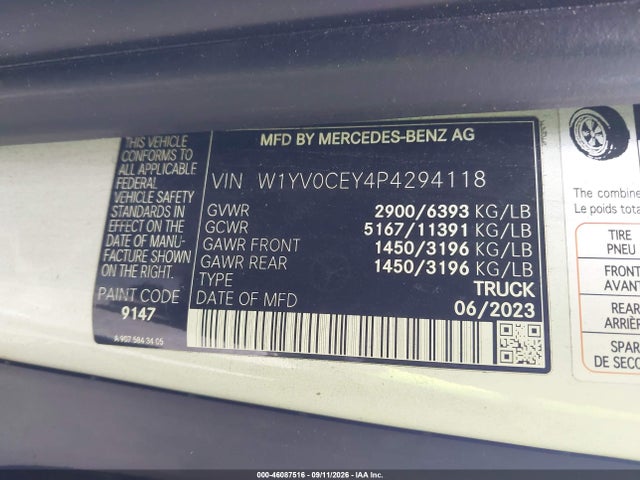 2023 Mercedes-benz Metris მანქანა იყიდება აუქციონზე, vin: W1YV0CEY4P4294118, აუქციონის ნომერი: 46087516