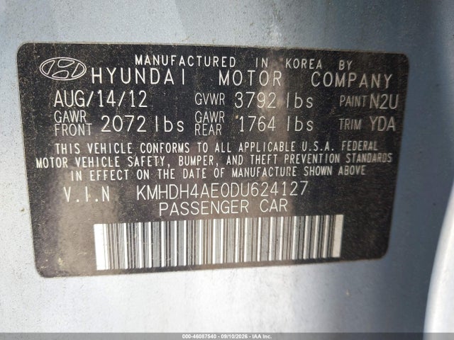 Aukcja sprzedaży 2013 Hyundai Elantra Gls, vin: KMHDH4AE0DU624127, numer aukcji: 46087540