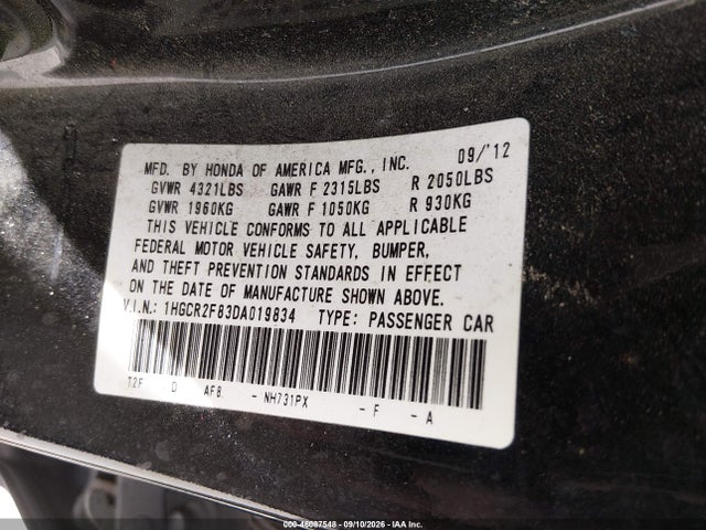 Auction sale of the 2013 Honda Accord Ex-l, vin: 1HGCR2F83DA019834, lot number: 46087548