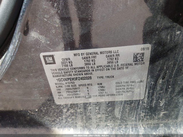 Продажа на аукционе авто 2015 Chevrolet Silverado 1500 Wt, vin: 1GCVKPEH9FZ402028, номер лота: 46087549