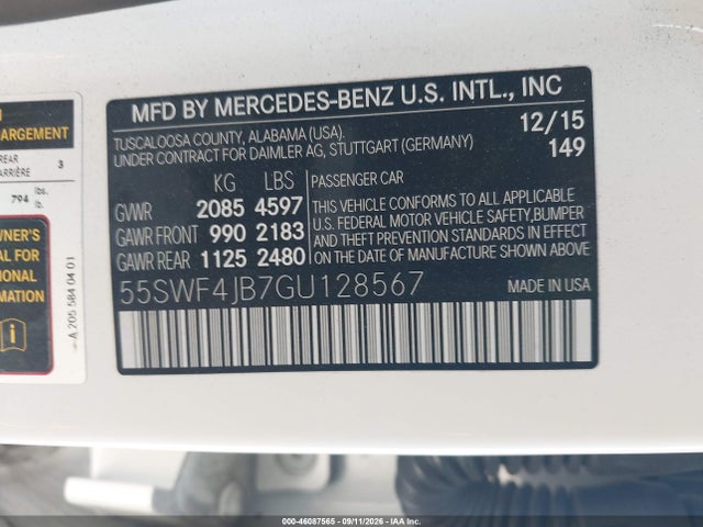 2016 Mercedes-benz C 300 Sport მანქანა იყიდება აუქციონზე, vin: 55SWF4JB7GU128567, აუქციონის ნომერი: 46087565