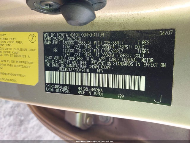 2007 Toyota Highlander Hybrid Limited V6 მანქანა იყიდება აუქციონზე, vin: JTEEW21A770049418, აუქციონის ნომერი: 46087566