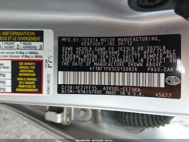 Продажа на аукционе авто 2012 Toyota Camry Se, vin: 4T1BF1FK3CU120826, номер лота: 46087569