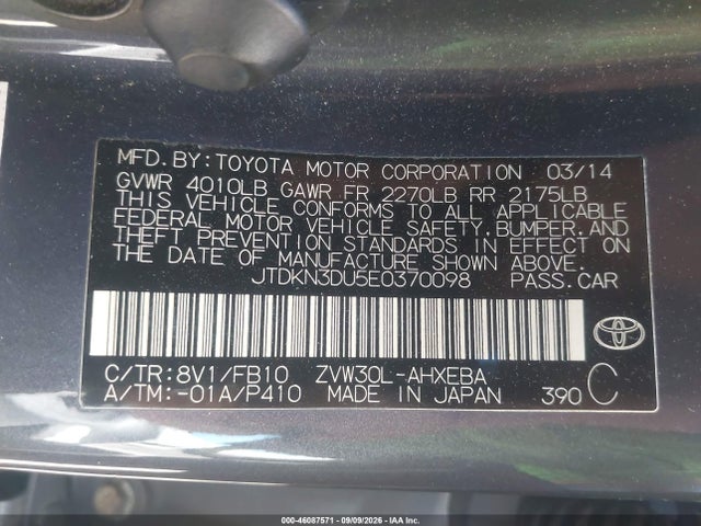 Aukcja sprzedaży 2014 Toyota Prius Two, vin: JTDKN3DU5E0370098, numer aukcji: 46087571