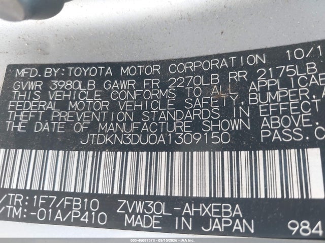 Aukcja sprzedaży 2010 Toyota Prius Ii, vin: JTDKN3DU0A1309150, numer aukcji: 46087578