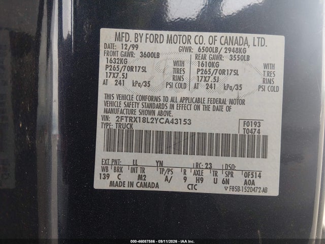 Продажа на аукционе авто 2000 Ford F-150 Lariat/work Series/xl/xlt, vin: 2FTRX18L2YCA43153, номер лота: 46087586