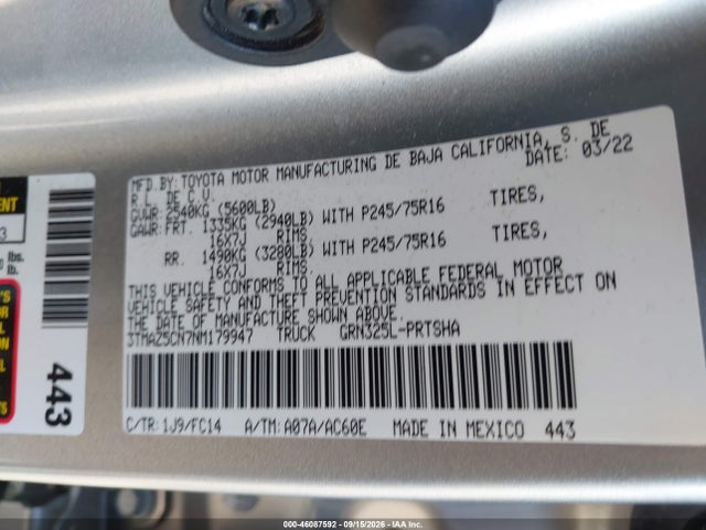 46087592 :رقم المزاد ، 3TMAZ5CN7NM179947 vin ، 2022 Toyota Tacoma Sr5 V6 مزاد بيع