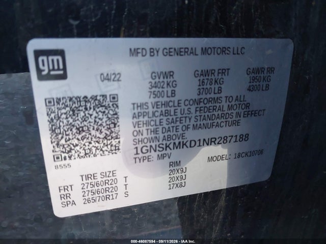 46087594 :رقم المزاد ، 1GNSKMKD1NR287188 vin ، 2022 Chevrolet Tahoe 4wd Ls مزاد بيع