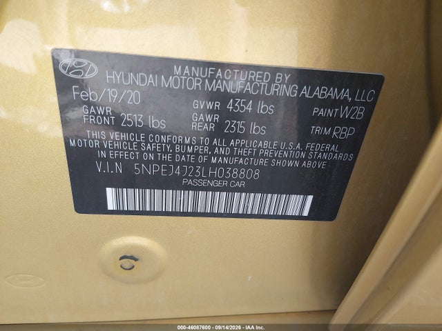 Aukcja sprzedaży 2020 Hyundai Sonata Sel Plus, vin: 5NPEJ4J23LH038808, numer aukcji: 46087600