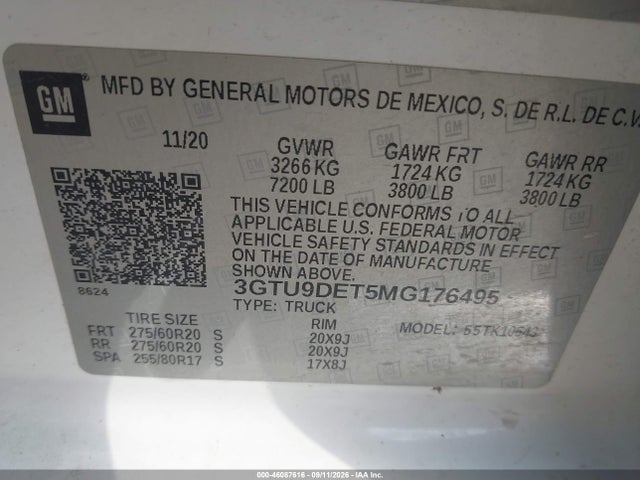 2021 Gmc Sierra 1500 4wd  Short Box Slt მანქანა იყიდება აუქციონზე, vin: 3GTU9DET5MG176495, აუქციონის ნომერი: 46087616