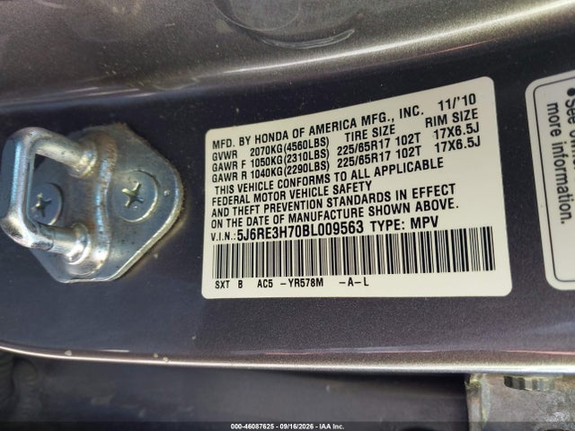 2011 Honda Cr-v Ex-l მანქანა იყიდება აუქციონზე, vin: 5J6RE3H70BL009563, აუქციონის ნომერი: 46087625