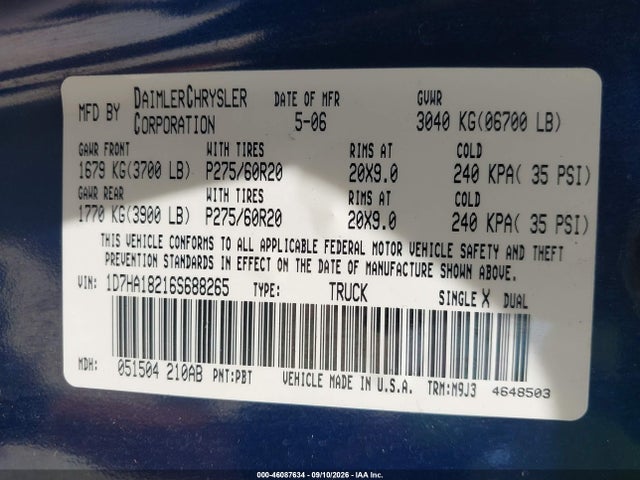 Aukcja sprzedaży 2006 Dodge Ram 1500 Slt, vin: 1D7HA18216S688265, numer aukcji: 46087634