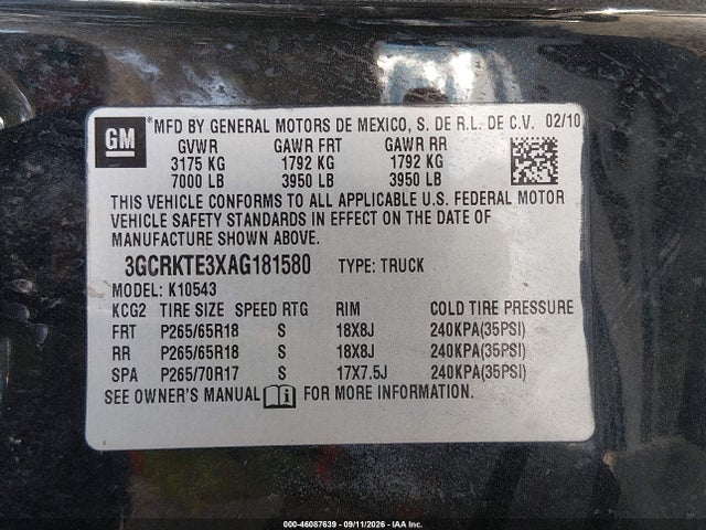 Aukcja sprzedaży 2010 Chevrolet Silverado 1500 Ltz, vin: 3GCRKTE3XAG181580, numer aukcji: 46087639