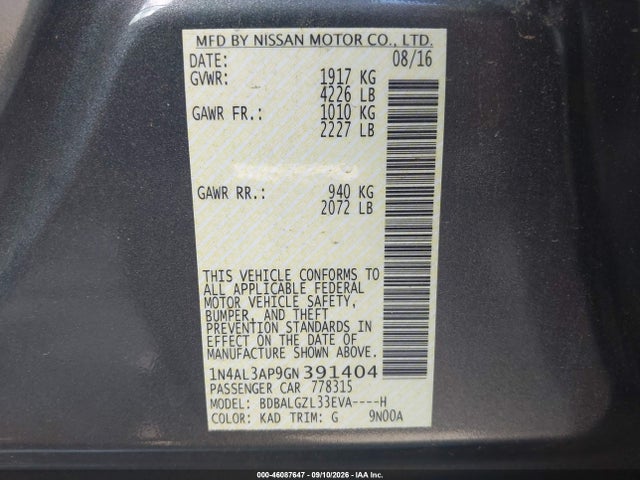 46087647 :رقم المزاد ، 1N4AL3AP9GN391404 vin ، 2016 Nissan Altima 2.5 S مزاد بيع