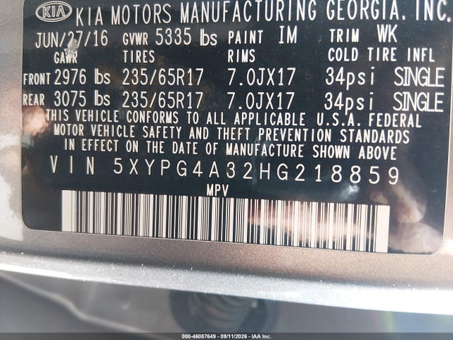 Продажа на аукционе авто 2017 Kia Sorento 2.4l Lx, vin: 5XYPG4A32HG218859, номер лота: 46087649