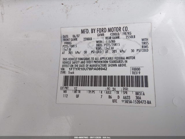 46087663 :رقم المزاد ، 1FTYR10U78PA08942 vin ، 2008 Ford Ranger مزاد بيع