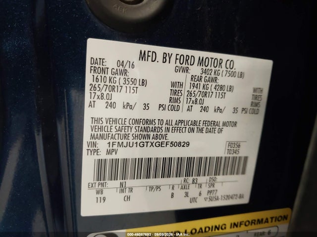 2016 Ford Expedition Xl მანქანა იყიდება აუქციონზე, vin: 1FMJU1GTXGEF50829, აუქციონის ნომერი: 46087693
