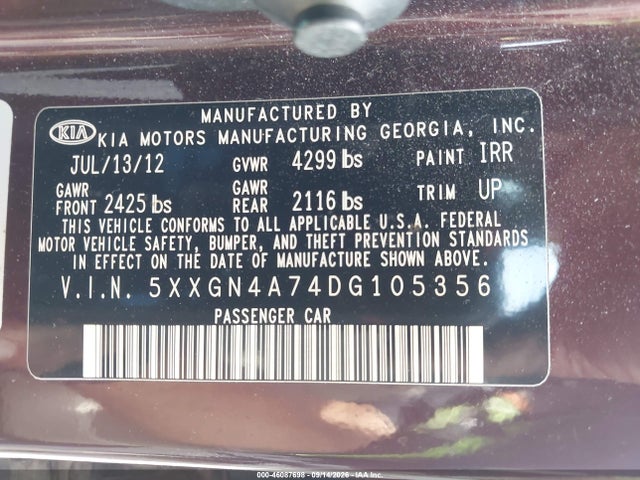 Продаж на аукціоні авто 2013 Kia Optima Ex, vin: 5XXGN4A74DG105356, номер лоту: 46087698
