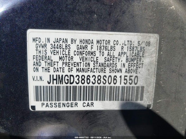46087702 :رقم المزاد ، JHMGD38638S061550 vin ، 2008 Honda Fit Sport مزاد بيع