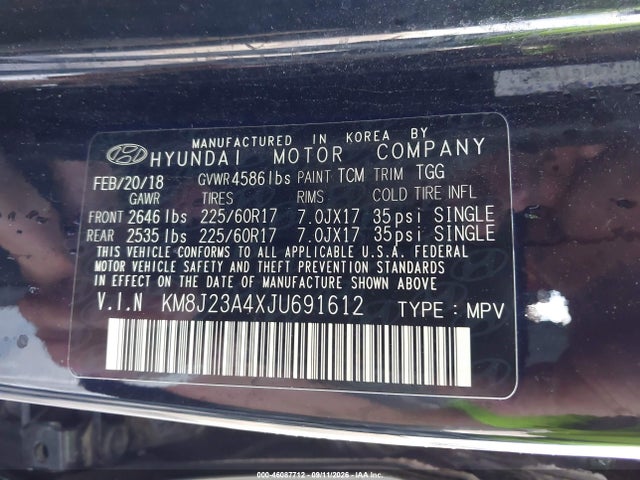 Aukcja sprzedaży 2018 Hyundai Tucson Se, vin: KM8J23A4XJU691612, numer aukcji: 46087712
