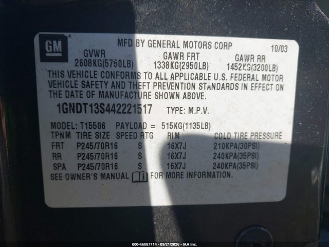 Продажа на аукционе авто 2004 Chevrolet Trailblazer Ls, vin: 1GNDT13S442221517, номер лота: 46087714