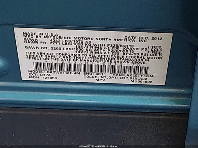 Продаж на аукціоні авто 2013 Mitsubishi Outlander Sport Es, vin: 4A4AP3AU1DE012176, номер лоту: 46087725