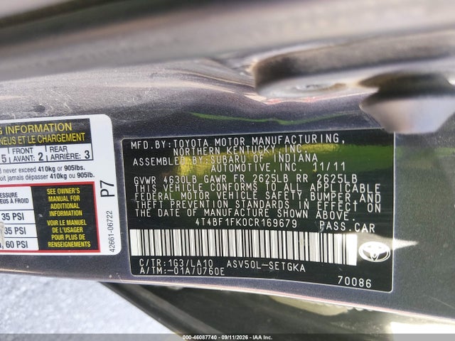 2012 Toyota Camry Xle მანქანა იყიდება აუქციონზე, vin: 4T4BF1FK0CR169679, აუქციონის ნომერი: 46087740