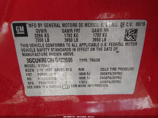 Продажа на аукционе авто 2015 Chevrolet Silverado 1500 1lt, vin: 3GCUKREC8FG422606, номер лота: 46087741