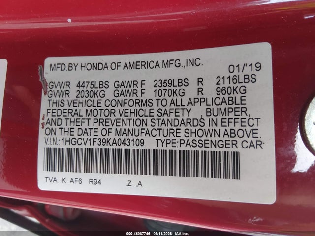 Продаж на аукціоні авто 2019 Honda Accord Sport, vin: 1HGCV1F39KA043109, номер лоту: 46087746