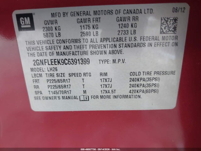 46087756 :رقم المزاد ، 2GNFLEEK9C6391399 vin ، 2012 Chevrolet Equinox 1lt مزاد بيع
