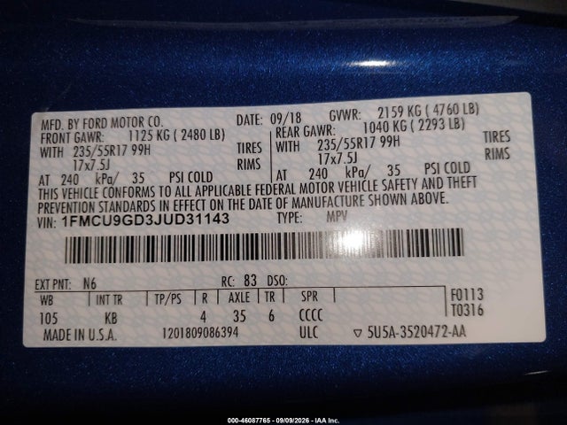 Продаж на аукціоні авто 2018 Ford Escape Se, vin: 1FMCU9GD3JUD31143, номер лоту: 46087765