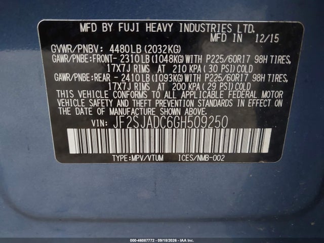 46087772 :رقم المزاد ، JF2SJADC6GH509250 vin ، 2016 Subaru Forester 2.5i Premium مزاد بيع