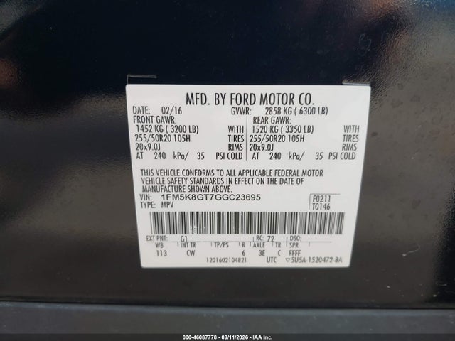 46087778 :رقم المزاد ، 1FM5K8GT7GGC23695 vin ، 2016 Ford Explorer Sport مزاد بيع