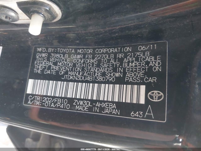 46087779 :رقم المزاد ، JTDKN3DU4B1380790 vin ، 2011 Toyota Prius Two مزاد بيع
