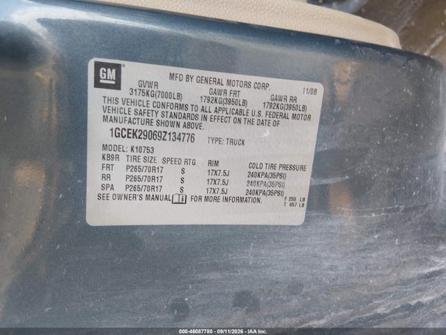 46087780 :رقم المزاد ، 1GCEK29069Z134776 vin ، 2009 Chevrolet Silverado 1500 Lt مزاد بيع