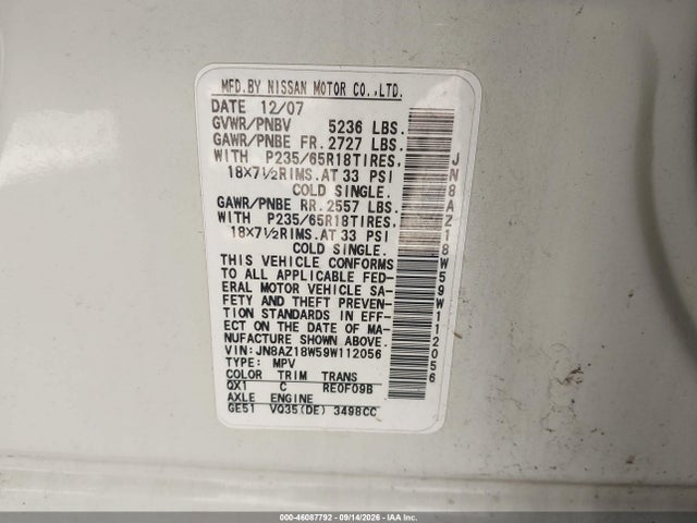 Aukcja sprzedaży 2009 Nissan Murano S, vin: JN8AZ18W59W112056, numer aukcji: 46087792