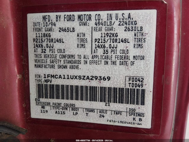 Продаж на аукціоні авто 1995 Ford Aerostar, vin: 1FMCA11UXSZA29369, номер лоту: 46087794