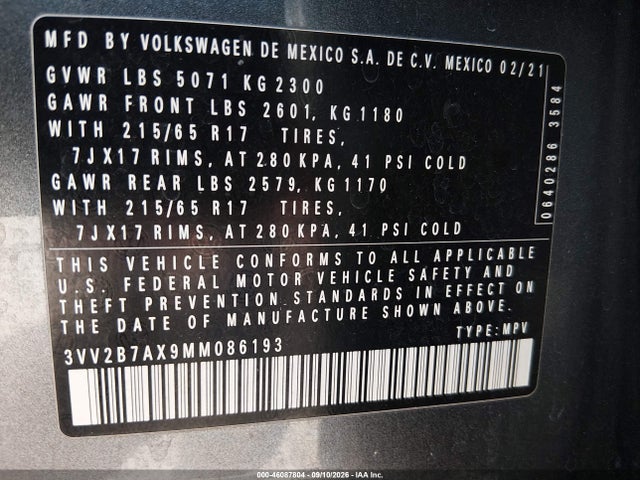46087804 :رقم المزاد ، 3VV2B7AX9MM086193 vin ، 2021 Volkswagen Tiguan 2.0t Se/2.0t Se R-line Black/2.0t Sel مزاد بيع