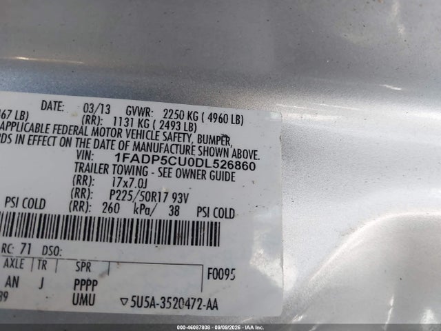 46087808 :رقم المزاد ، 1FADP5CU0DL526860 vin ، 2013 Ford C-max Energi Sel مزاد بيع