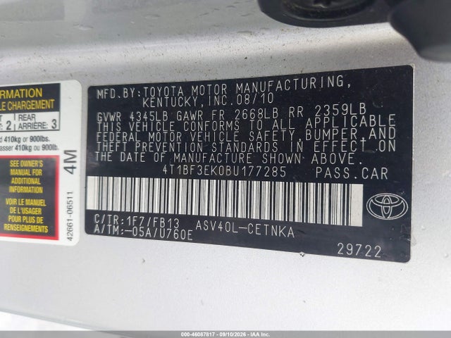 Продажа на аукционе авто 2011 Toyota Camry Le, vin: 4T1BF3EK0BU177285, номер лота: 46087817