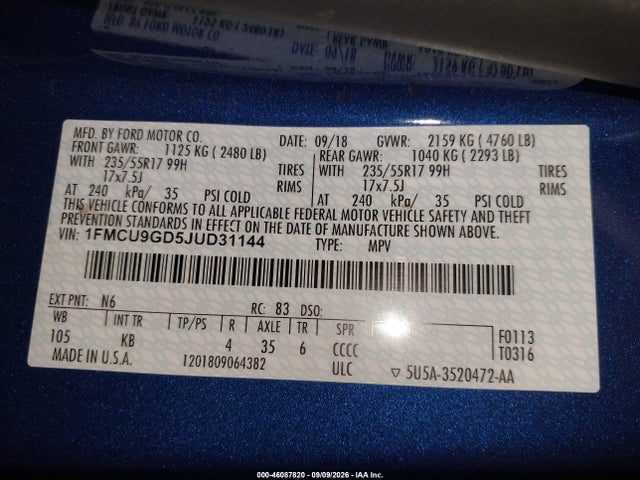 Продаж на аукціоні авто 2018 Ford Escape Se, vin: 1FMCU9GD5JUD31144, номер лоту: 46087820