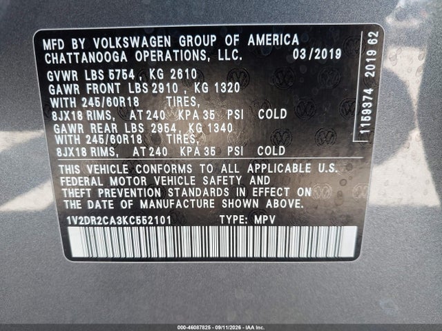 46087825 :رقم المزاد ، 1V2DR2CA3KC552101 vin ، 2019 Volkswagen Atlas 3.6l V6 Se مزاد بيع