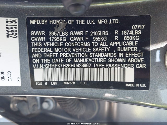 Honda Civic Lx 2017 SHHFK7H26HU428962 Image 9