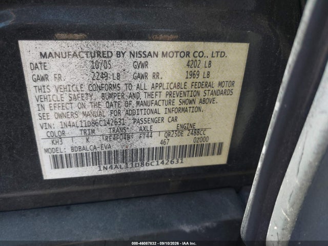 46087832 :رقم المزاد ، 1N4AL11D86C142631 vin ، 2006 Nissan Altima 2.5 S مزاد بيع