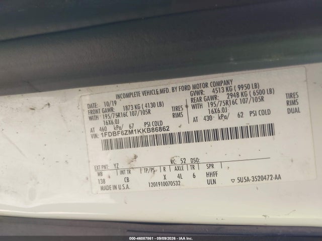 Aukcja sprzedaży 2019 Ford Transit-350 Cab, vin: 1FDBF6ZM1KKB86862, numer aukcji: 46087861