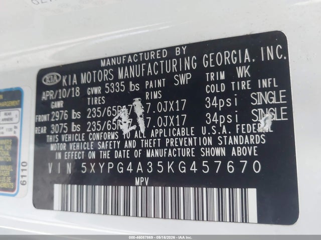 2019 Kia Sorento 2.4l Lx მანქანა იყიდება აუქციონზე, vin: 5XYPG4A35KG457670, აუქციონის ნომერი: 46087869