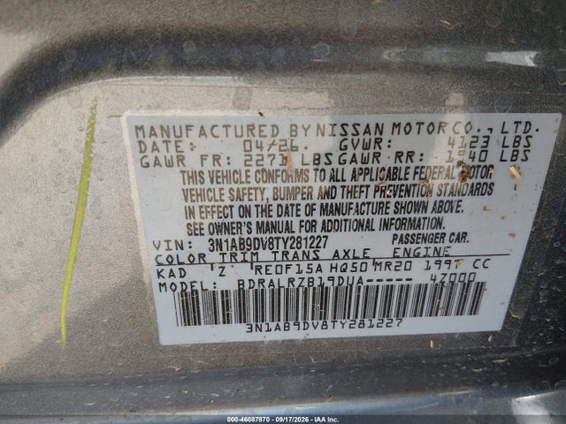 Продажа на аукционе авто 2026 Nissan Sentra Sr, vin: 3N1AB9DV8TY281227, номер лота: 46087870