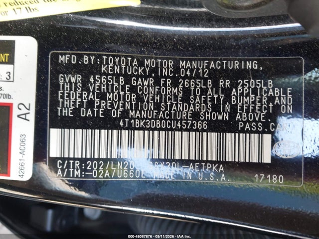 Aukcja sprzedaży 2012 Toyota Avalon Limited, vin: 4T1BK3DB0CU457366, numer aukcji: 46087876