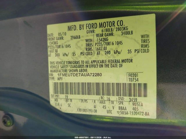 46087891 :رقم المزاد ، 1FMEU7DE7AUA72280 vin ، 2010 Ford Explorer Xlt مزاد بيع