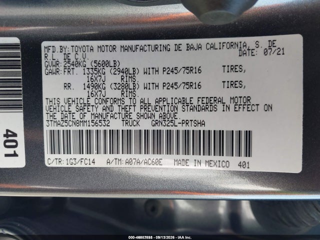 2021 Toyota Tacoma Sr5 V6 მანქანა იყიდება აუქციონზე, vin: 3TMAZ5CN8MM156532, აუქციონის ნომერი: 46087893